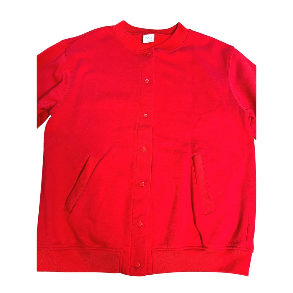 Blair Womens Red Snap Front Fleece Sweatshirt Jacket Medium Pockets Bomber Style